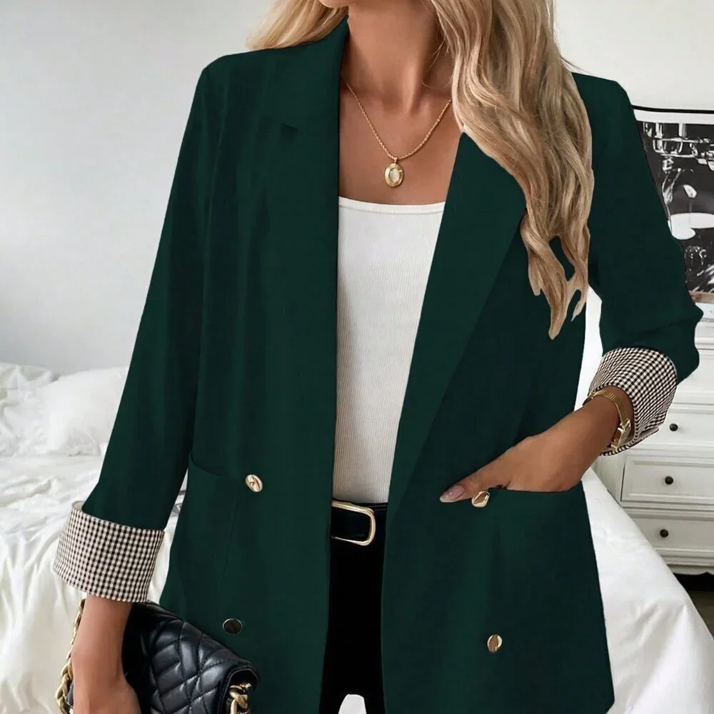 Dark Green Women's Elegant Plaid Suit Jacket